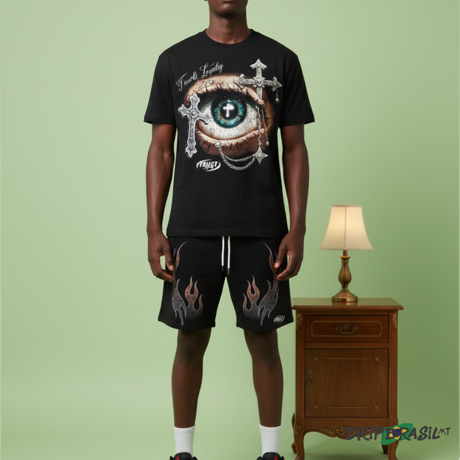 Conjunto Camiseta e Short All Eyes Preto Estampa em DTF